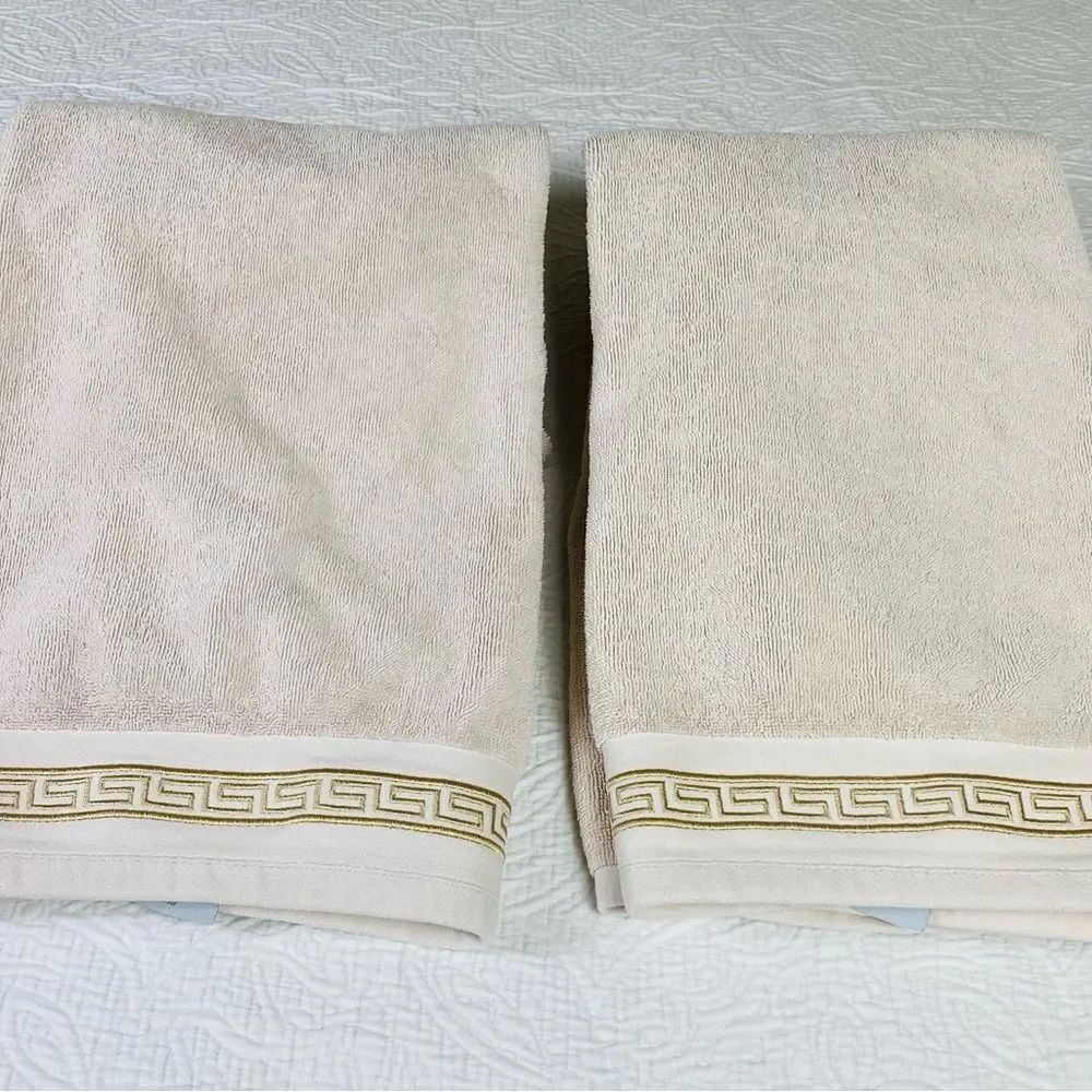 Luxurious Vtg Cream Bath Towels with Gold Greek Embroidered Accent